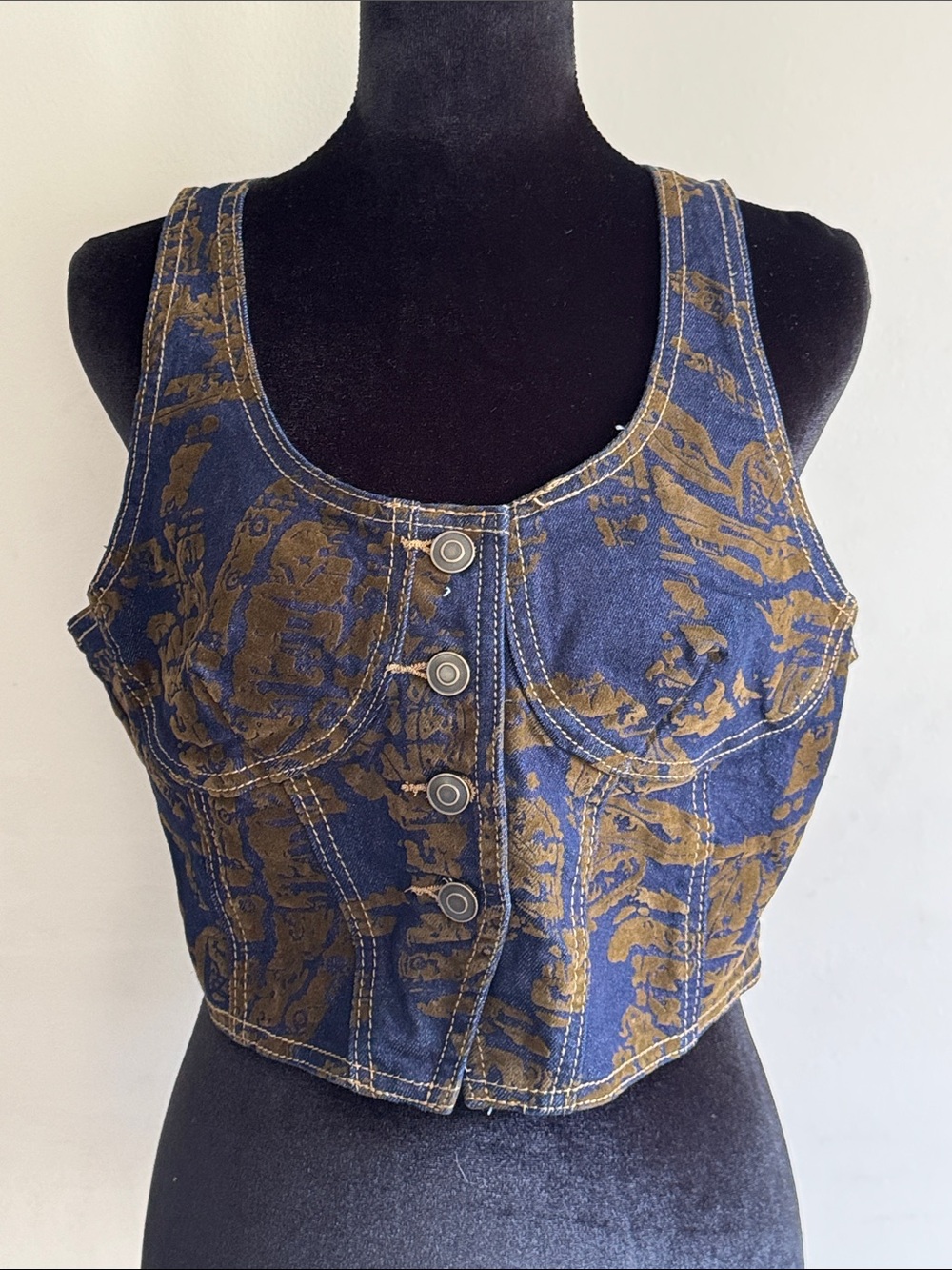 Blue and Gold Printed Denim Crop Tank Top